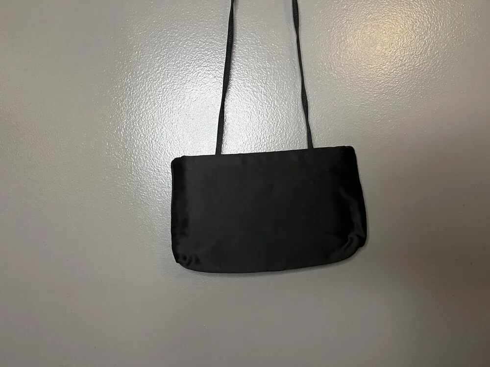 Vintage Morris Moskowitz Evening Bag Womens Black Satin Rhinestone Made USA 80s